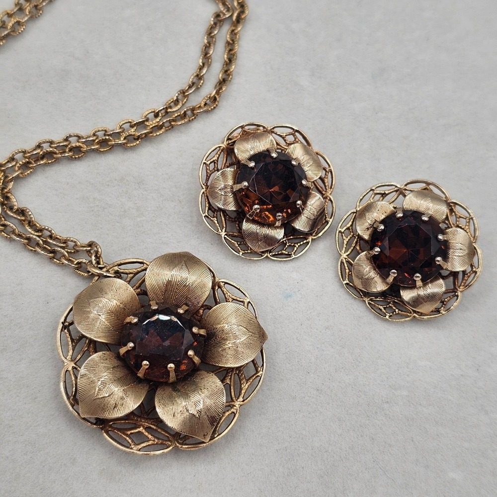 Vintage Floral Necklace Earring Set Smoky Brown Rhinestones Gold Tone Filigree